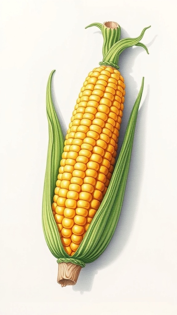 3D drawing of corn on the cob with detailed kernels and husks.